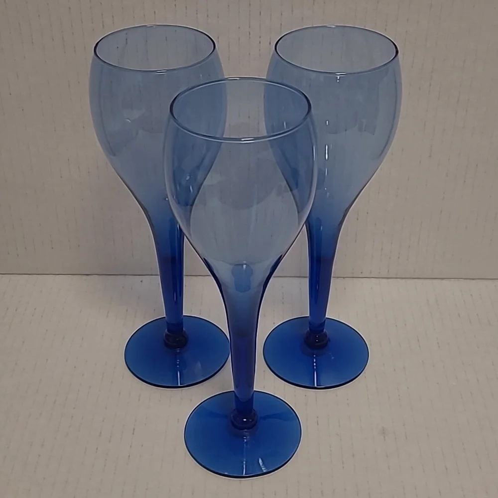 Set of 3 Vintage Blue Wine Glasses